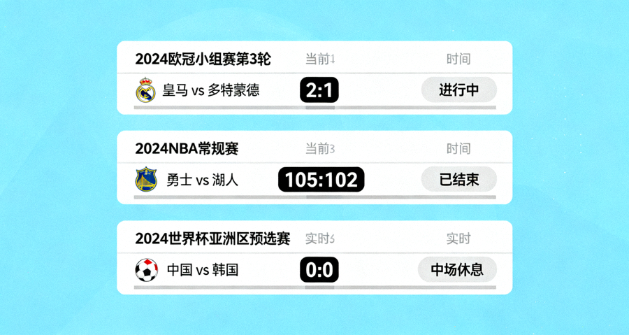 多场比赛实时比分面板展示赛程安排与比赛状态
