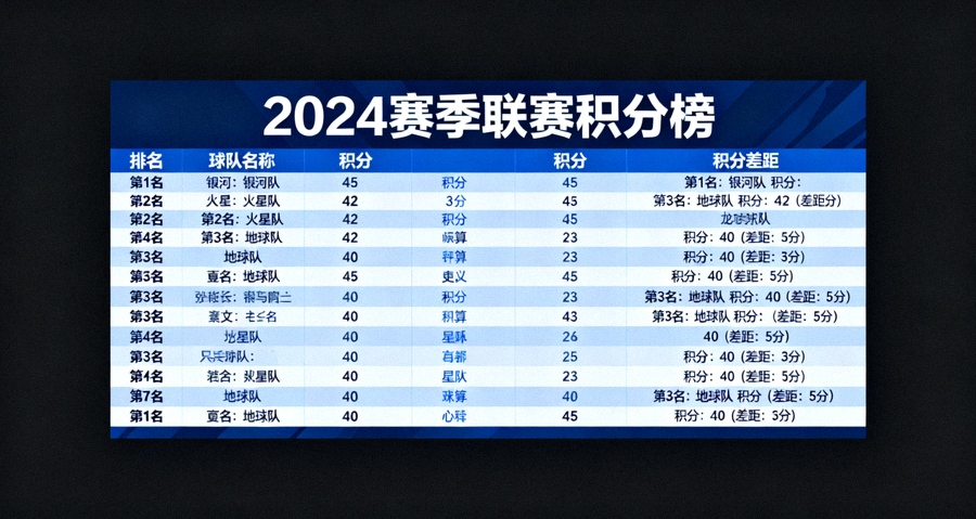 联赛积分榜数据看板显示各球队排名与积分差距