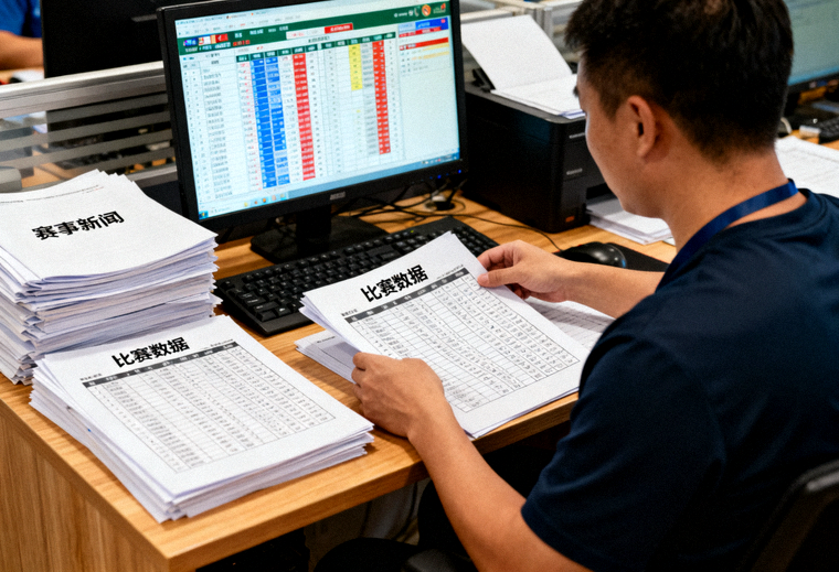 体育资讯编辑工作室中正在整理赛事新闻与比赛数据